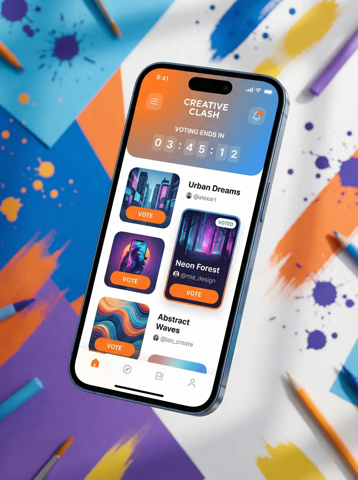 每日大赛mrds 移动端APP界面展示投票和作品浏览功能